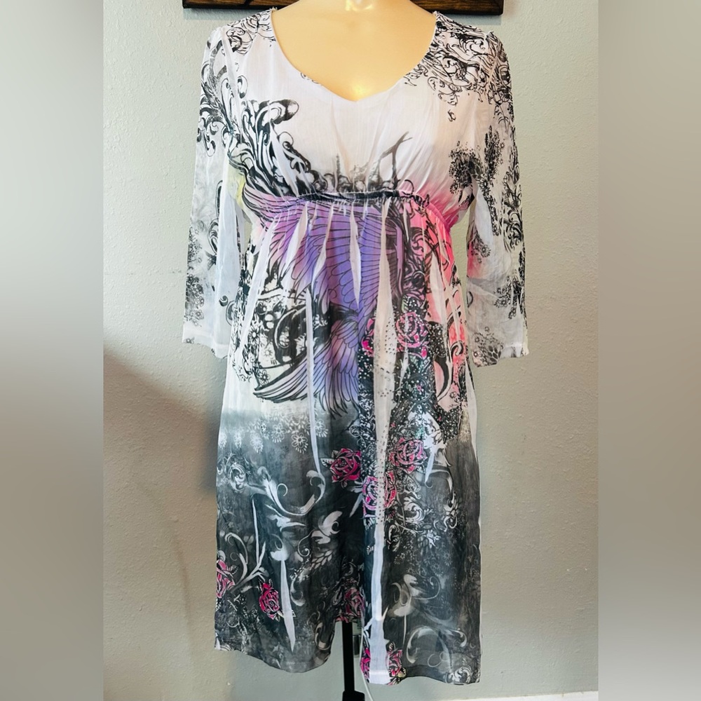 Prestige Fashion Graphic Printed Pullover V-Neck Summer Dress Size L